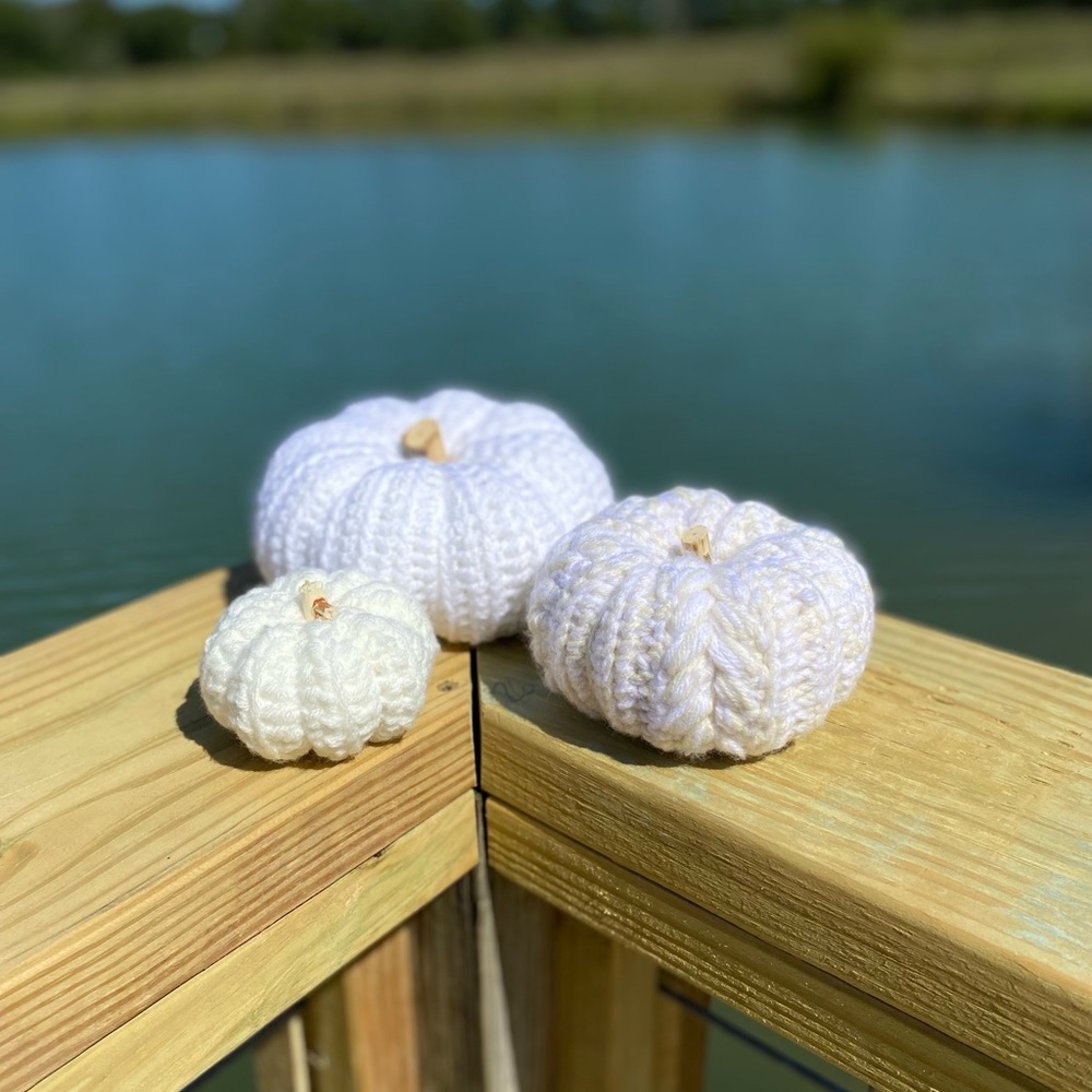 Crochet stacking pumpkin trio Neutral fall decor handmade one set - Picture 3 of 9